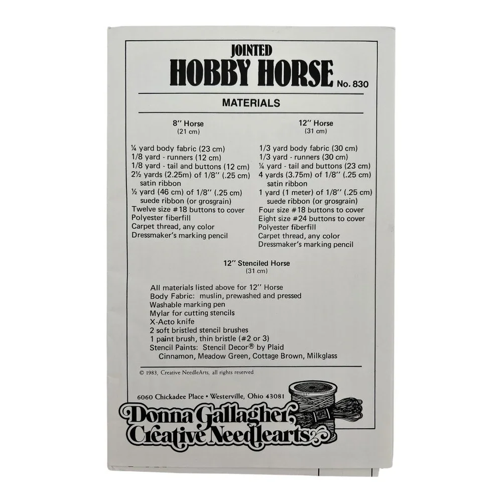 VTG 1983 Sewing Pattern Donna Gallagher Country Charm JOINTED HOBBY HORSE #830